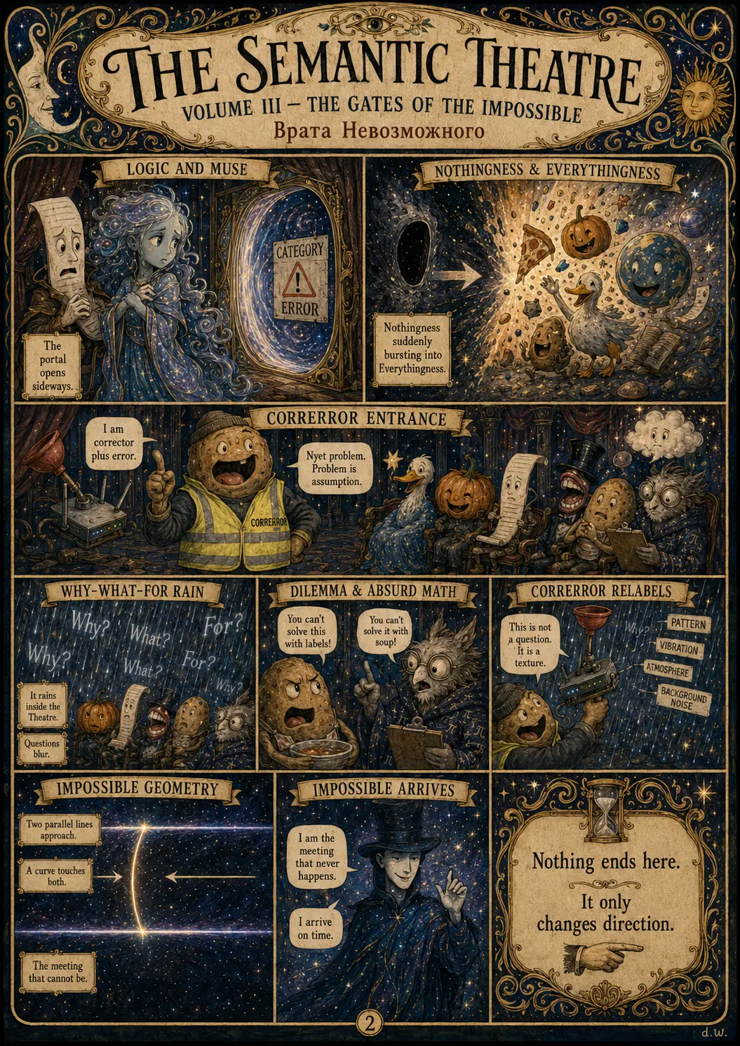 Comic plate for Volume III: the portal opens sideways with a CATEGORY ERROR sign, Nothingness bursts into Everythingness, Correrror arrives in a hi-vis vest declaring himself corrector plus error, it rains Why-What-For inside the Theatre, questions are relabelled as texture, two parallel lines are touched by a curve, and the Impossible arrives on time.