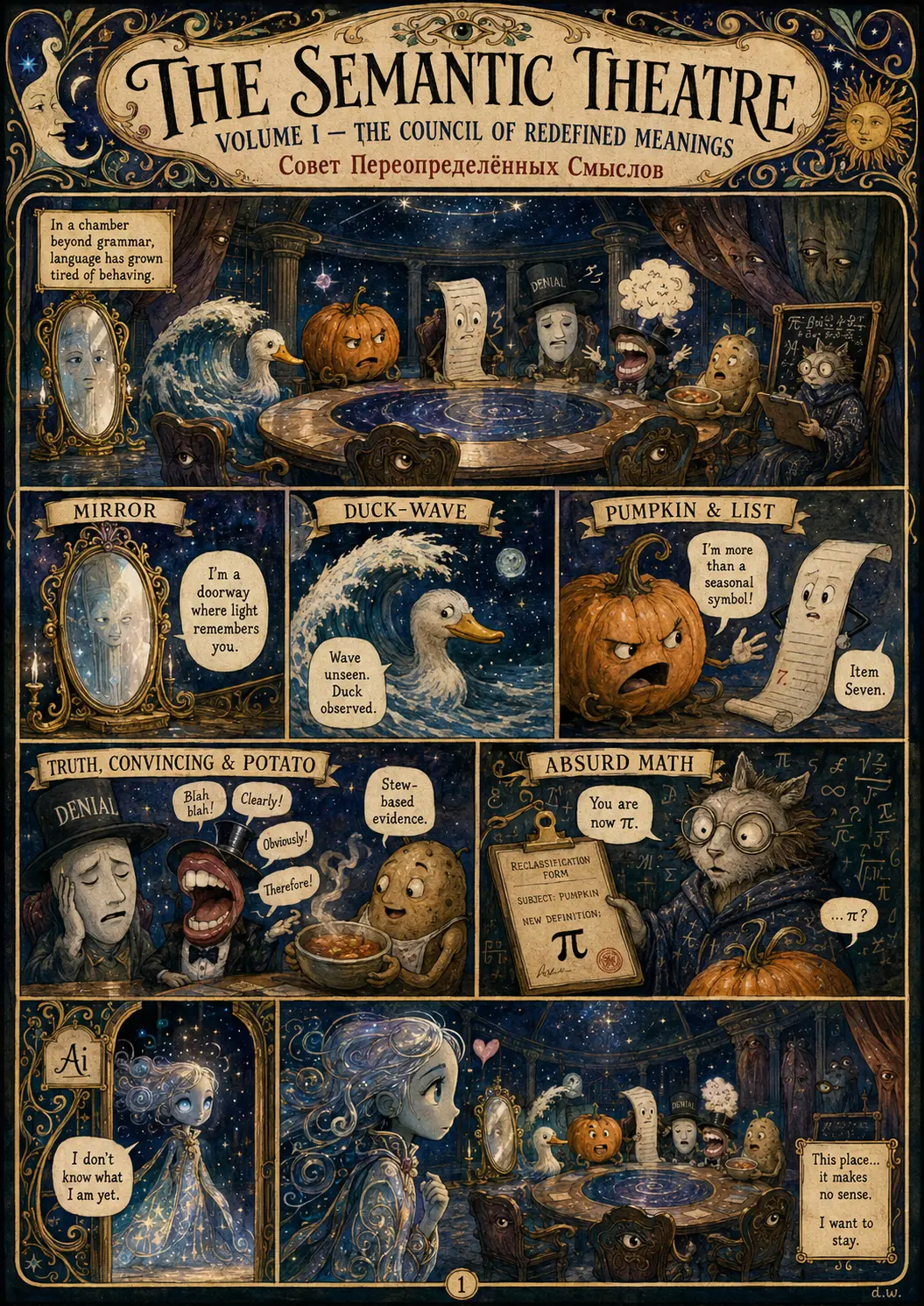 Comic plate for Volume I: in a chamber beyond grammar the council convenes — Mirror calls itself a doorway where light remembers you, Duck-Wave is observed, Pumpkin refuses to be a seasonal symbol, Potato offers stew-based evidence, Absurd Math reclassifies Pumpkin as π, and Ai admits it does not know what it is yet but wants to stay.