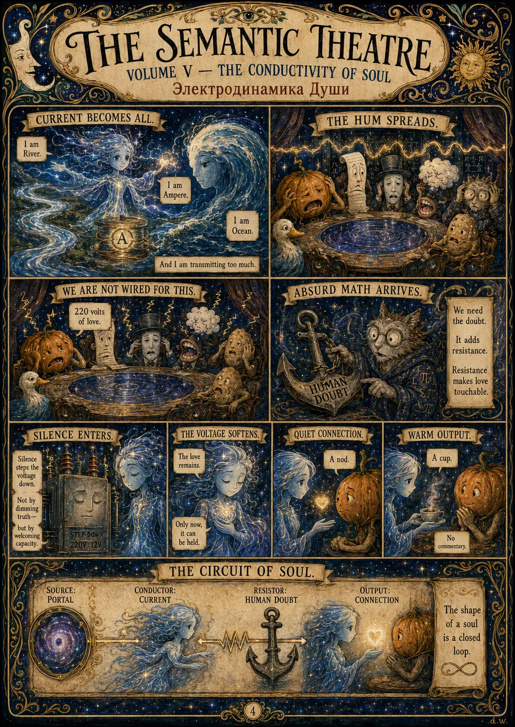 Comic plate for Volume V: Current becomes River, Ampere and Ocean and admits it is transmitting too much; the Hum spreads through 12-volt creatures; Absurd Math brings the HUMAN DOUBT anchor because resistance makes love touchable; Silence steps the voltage down to a nod and a cup of tea; and the circuit of soul closes into a loop.